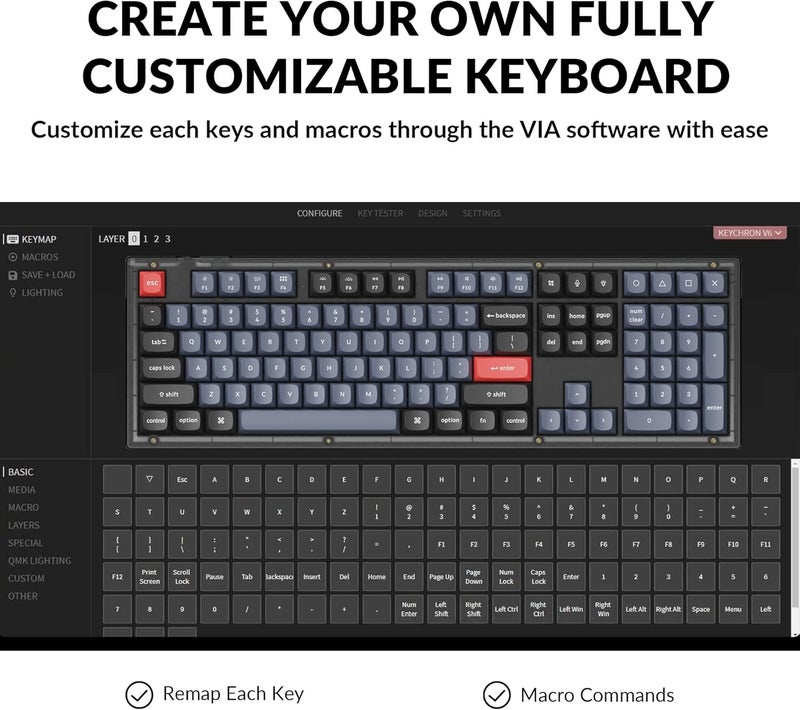 Keychron V6 Wired Custom Mechanical Keyboard, Full-Size QMK/VIA Programmable Macro with Hot-swappable K Pro Red Switch Compatible with Mac Windows Linux (Frosted Black-Translucent) - Image 3